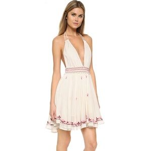 LoveShackFancy Cream Backless Halter Mini Dress with Pink Embroidery